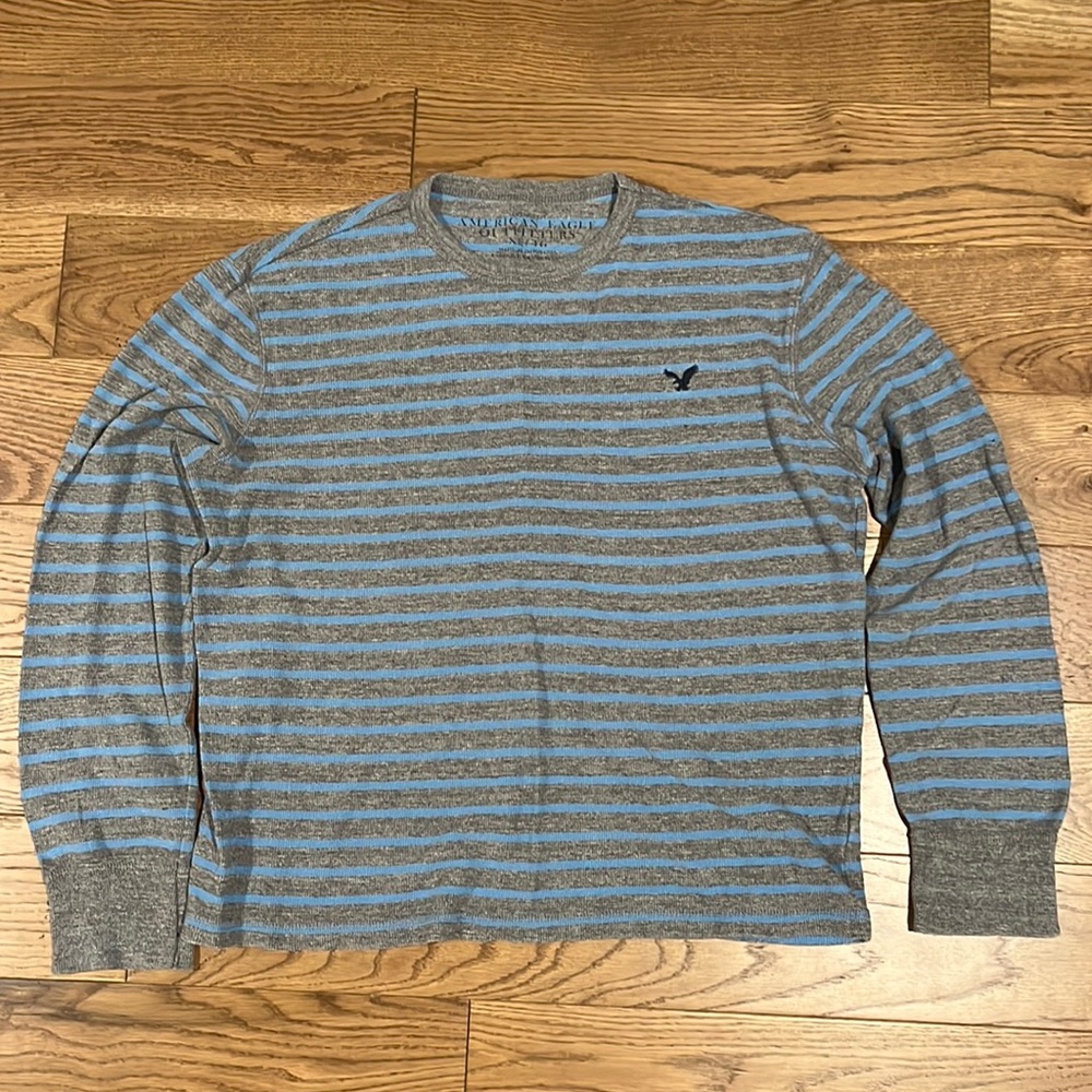 Gray Blue Striped American Eagle Crew Sweater